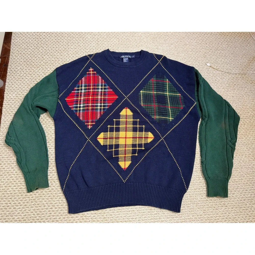 Vintage Nautica Mens Argyle Plaid Intarsia Cotton Knit Sweater grandpa golf LG